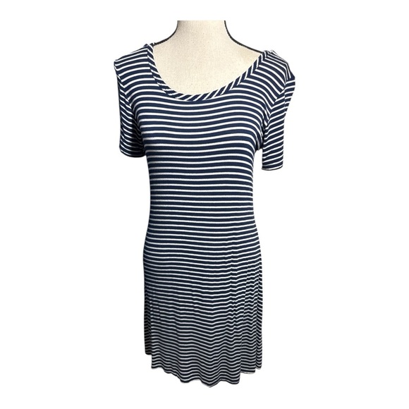 Olivia Rae Blue and White Asymmetrical Neck Sheath Dress - Picture 1 of 8